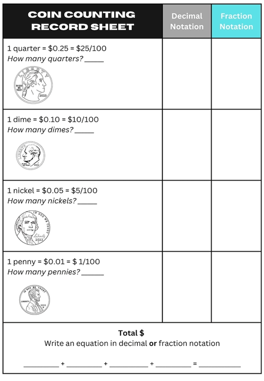 Record sheet for counting coins