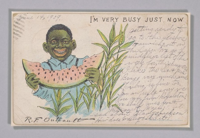 Postcard depicting a caricatured boy eating a slice of watermelon