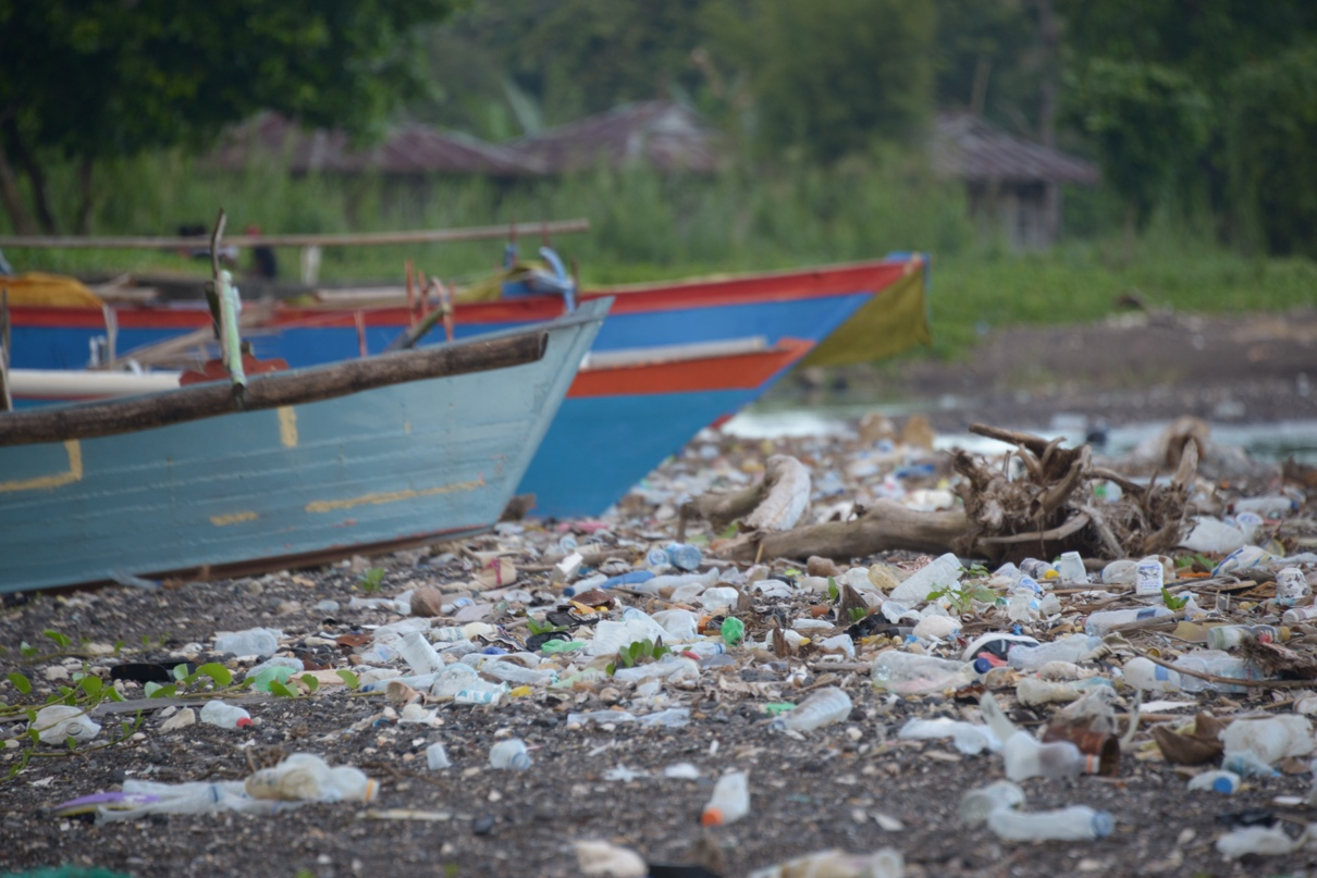 plastic debris on a beach in Indonesia